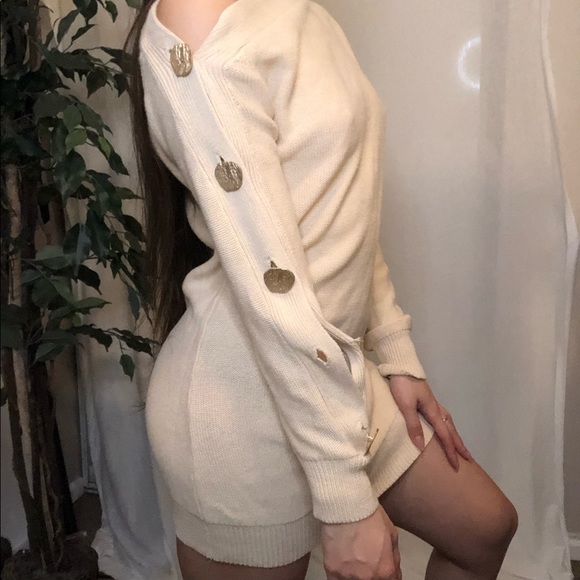 Cream One Shoulder Knit Sweater Dress with Gold Buttons - Picture 2 of 8